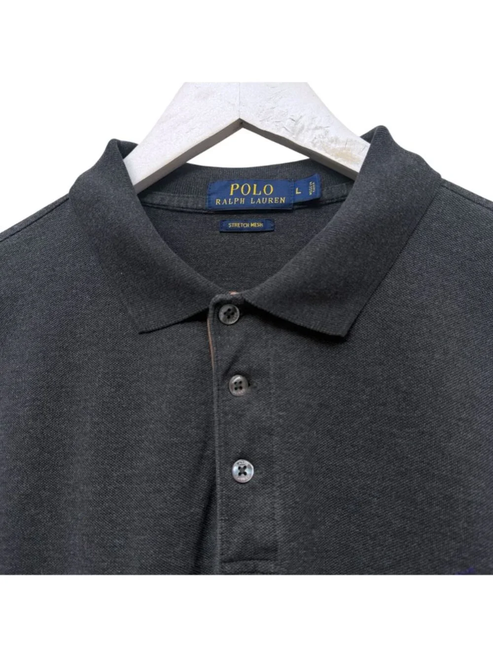 POLO Ralph Lauren Long Sleeve Polo Shirt Large Gray w/ Purple Pony Pique Suede